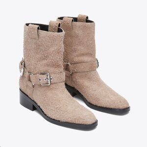 3.1 Philip Lim Alexa moto Harness Boots in taupe hairy suede 37 $750 NWOT